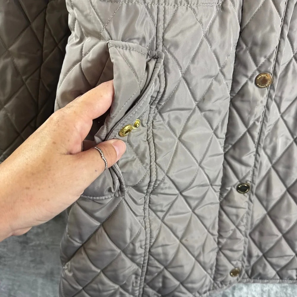 Michael Kors Quilted Parka Women Medium Taupe Faux Fur Hood Jacket (P)